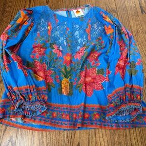 FARM Rio Electric Blue Floral Lace Yoke Peasant Tunic